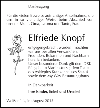 Traueranzeige von Elfriede Knopf von Mitteldeutsche Zeitung Weißenfels
