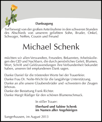 Traueranzeige von Michael Schenk von Mitteldeutsche Zeitung Sangerhausen