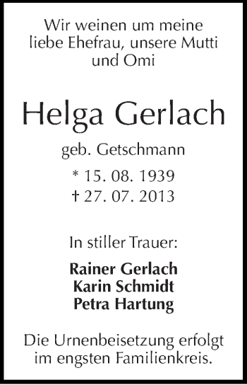 Traueranzeige von Helga Gerlach von Mitteldeutsche Zeitung Halle/Saalkreis