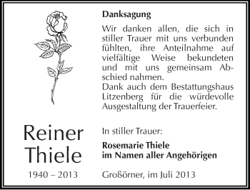 Traueranzeige von Reiner Thiele von Mitteldeutsche Zeitung Mansfelder Land