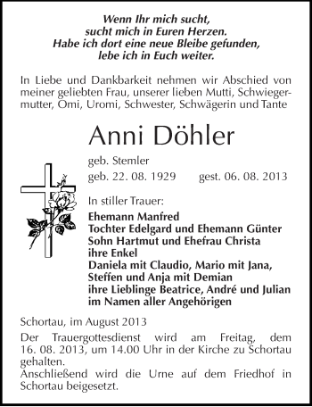 Traueranzeige von Anni Döhler von Mitteldeutsche Zeitung Merseburg/Querfurt