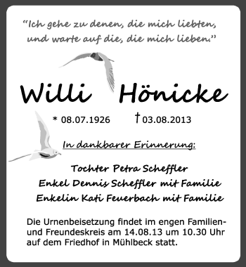 Traueranzeige von Willi Hönicke von Mitteldeutsche Zeitung Bitterfeld
