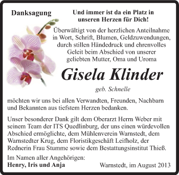Traueranzeige von Gisela Klinder von Mitteldeutsche Zeitung Quedlinburg