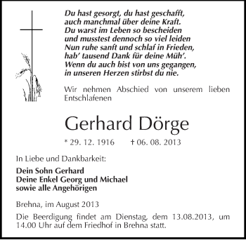 Traueranzeige von Gerhard Dörge von Mitteldeutsche Zeitung Bitterfeld