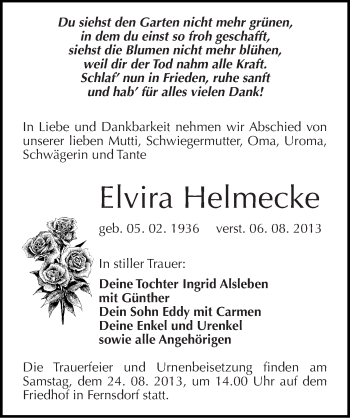 Traueranzeige von Elvira Helmecke von Mitteldeutsche Zeitung Köthen