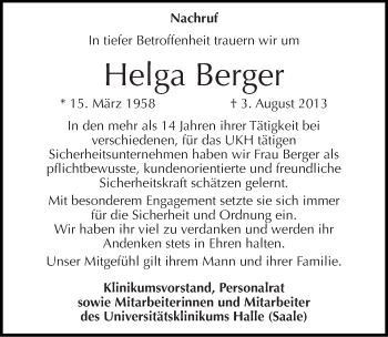 Traueranzeige von Helga Berger von Mitteldeutsche Zeitung Halle/Saalkreis