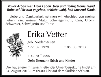 Traueranzeige von Erika Vetter von Mitteldeutsche Zeitung Halle/Saalkreis