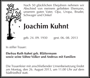 Traueranzeige von Joachim Kuhnt von Mitteldeutsche Zeitung Halle/Saalkreis