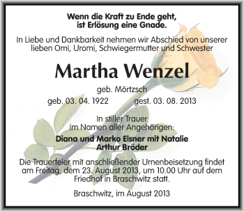 Traueranzeige von Martha Wenzel von Mitteldeutsche Zeitung Halle/Saalkreis