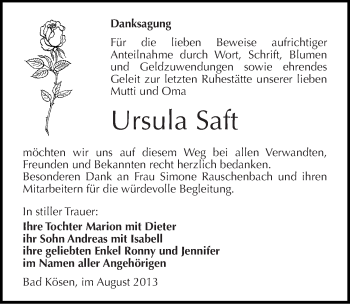 Traueranzeige von Ursula Saft von Mitteldeutsche Zeitung Naumburg/Nebra