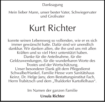 Traueranzeige von Kurt Richter von Mitteldeutsche Zeitung Merseburg/Querfurt