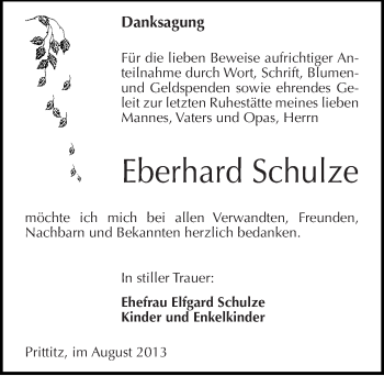 Traueranzeige von Eberhard Schulze von Mitteldeutsche Zeitung Weißenfels