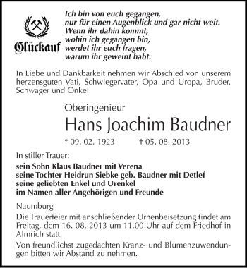 Traueranzeige von Hans Joachim Baudner von Mitteldeutsche Zeitung Naumburg/Nebra