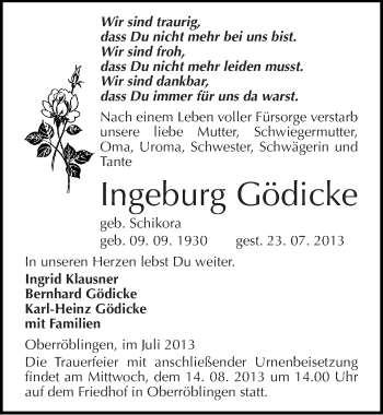 Traueranzeige von Ingeburg Gödicke von Mitteldeutsche Zeitung Sangerhausen