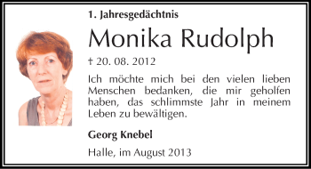 Traueranzeige von Monika Rudolph von Mitteldeutsche Zeitung Halle/Saalkreis