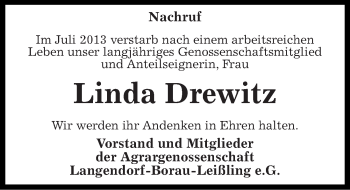 Traueranzeige von Linda Drewitz von Mitteldeutsche Zeitung Weißenfels