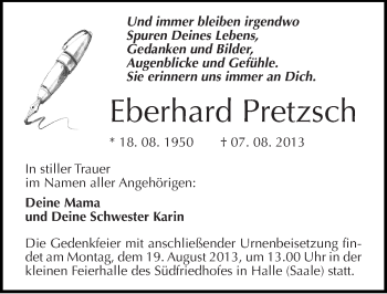 Traueranzeige von Eberhard Pretzsch von Mitteldeutsche Zeitung Halle/Saalkreis