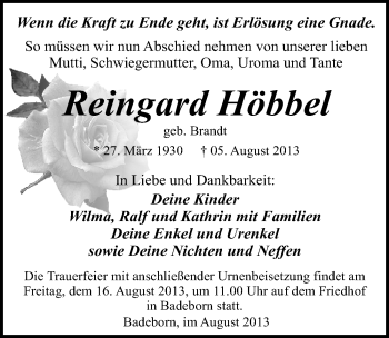 Traueranzeige von Reingard Höbbel von Mitteldeutsche Zeitung Quedlinburg