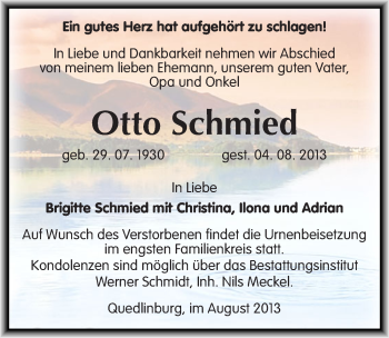Traueranzeige von Otto Schmied von Mitteldeutsche Zeitung Quedlinburg