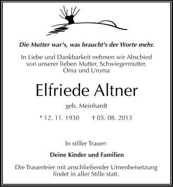 Traueranzeige von Elfriede Altner von Mitteldeutsche Zeitung Halle/Saalkreis