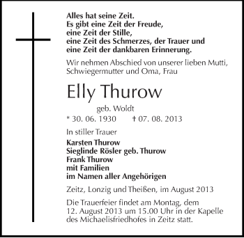Traueranzeige von Elly Thurow von Mitteldeutsche Zeitung Zeitz