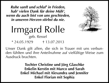 Traueranzeige von Irmgard Rolle von Mitteldeutsche Zeitung Halle/Saalkreis