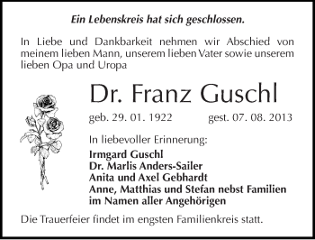 Traueranzeige von Franz Guschl von Mitteldeutsche Zeitung Halle/Saalkreis