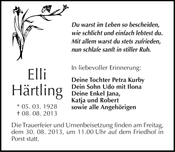 Traueranzeige von Elli Härtling von Mitteldeutsche Zeitung Köthen