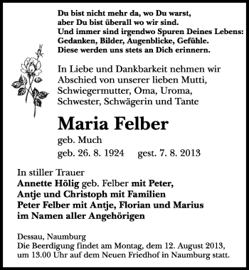 Traueranzeige von Maria Felber von Mitteldeutsche Zeitung Naumburg/Nebra