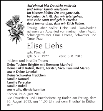 Traueranzeige von Elise Liehs von Mitteldeutsche Zeitung Köthen