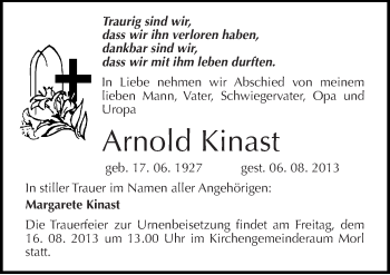 Traueranzeige von Arnold Kinast von Mitteldeutsche Zeitung Halle/Saalkreis