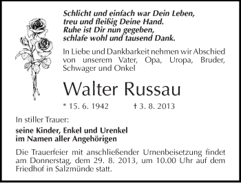 Traueranzeige von Walter Russau von Mitteldeutsche Zeitung Halle/Saalkreis