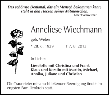 Traueranzeige von Anneliese Wiechmann von Mitteldeutsche Zeitung Halle/Saalkreis