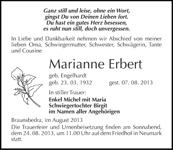 Traueranzeige von Marianne Erbert von Mitteldeutsche Zeitung Merseburg/Querfurt