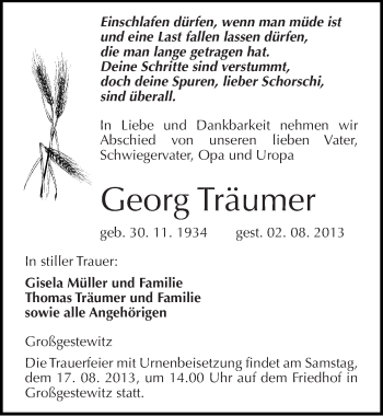 Traueranzeige von Georg Träumer von Mitteldeutsche Zeitung Naumburg/Nebra