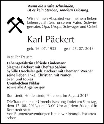 Traueranzeige von Karl Päckert von Mitteldeutsche Zeitung Mansfelder Land