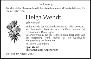 Traueranzeige von Helga Wendt von Mitteldeutsche Zeitung Sangerhausen
