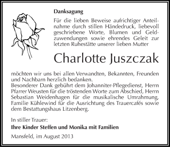 Traueranzeige von Charlotte Juszczak von Mitteldeutsche Zeitung Mansfelder Land