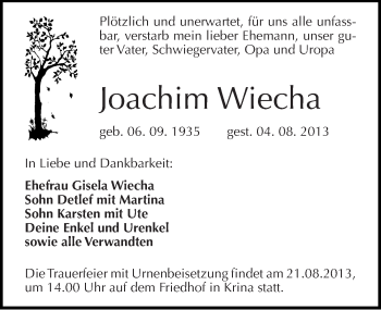 Traueranzeige von Joachim Wiecha von Mitteldeutsche Zeitung Bitterfeld
