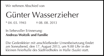 Traueranzeige von Günter Wasserzieher von Mitteldeutsche Zeitung Halle/Saalkreis