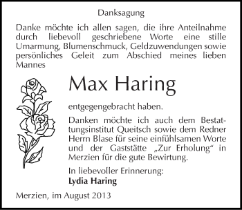 Traueranzeige von Max Haring von Mitteldeutsche Zeitung Köthen