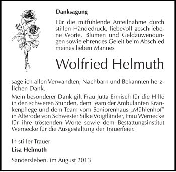 Traueranzeige von Wolfried Helmuth von Mitteldeutsche Zeitung Mansfelder Land