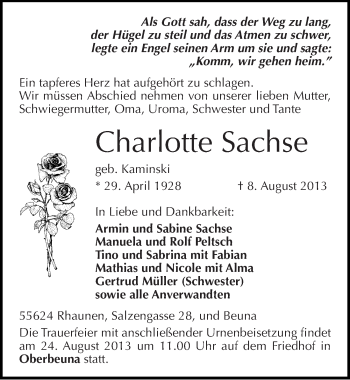 Traueranzeige von Charlotte Sachse von Mitteldeutsche Zeitung Merseburg/Querfurt