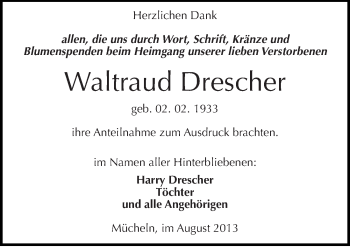 Traueranzeige von Waltraud Drescher von Mitteldeutsche Zeitung Merseburg/Querfurt