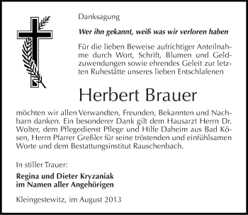 Traueranzeige von Herbert Brauer von Mitteldeutsche Zeitung Naumburg/Nebra