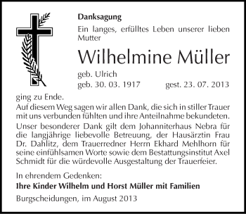Traueranzeige von Wilhelmine Müller von Mitteldeutsche Zeitung Naumburg/Nebra