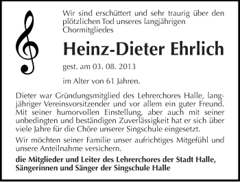 Traueranzeige von Heinz-Dieter Ehrlich von Mitteldeutsche Zeitung Halle/Saalkreis