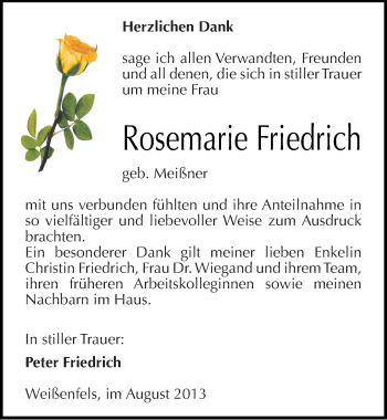 Traueranzeige von Rosemarie Friedrich von Mitteldeutsche Zeitung Weißenfels
