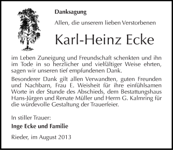 Traueranzeige von Karl-Heinz Ecke von Mitteldeutsche Zeitung Quedlinburg