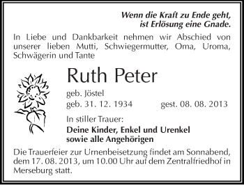 Traueranzeige von Ruth Peter von Mitteldeutsche Zeitung Merseburg/Querfurt